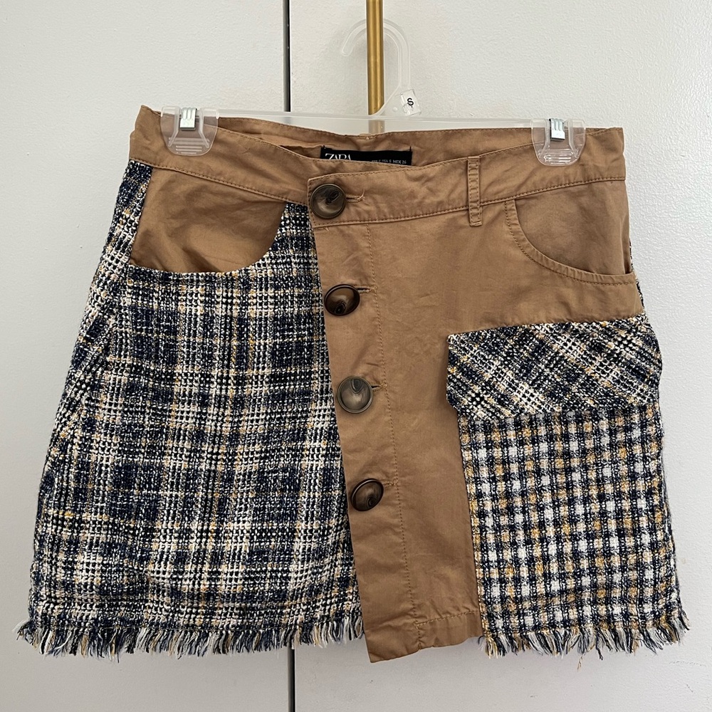 Zara Patchwork Plaid & Khaki Mini Skirt Tan Blue New Preppy Size [S]